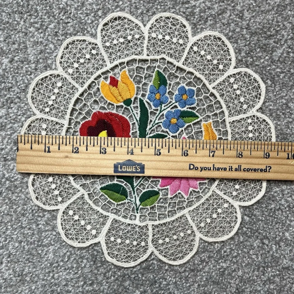 Set of 2 Kalocsa Hungarian Hand Embroidered Doilies Kalocsai Floral Lace Design